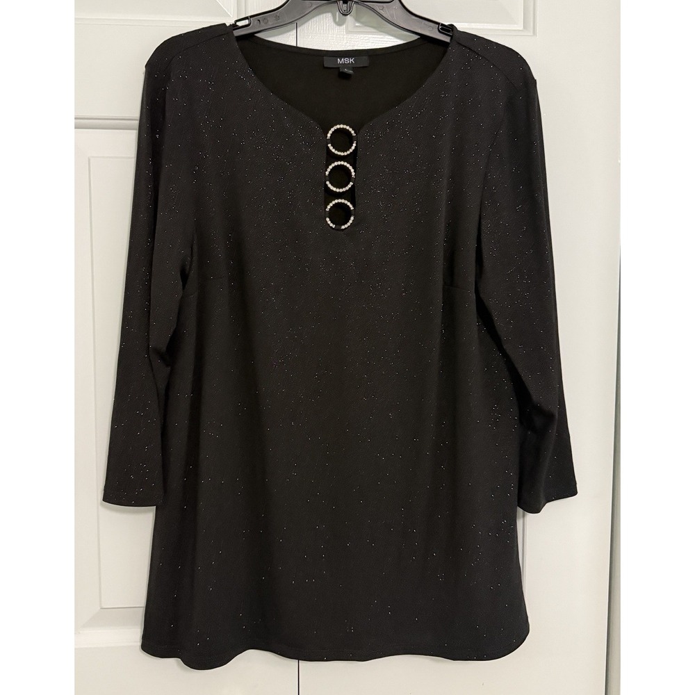 Lovely MSK Sequin Shirt Womens L Black Glam Bling Festive‎ Sparkle Elegant